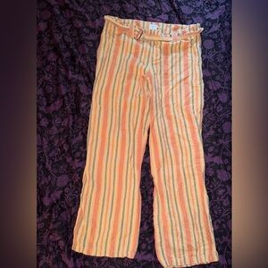 CALVIN KLEIN Tan & Red Vertical Striped Flax Belted Wide Leg Pants Size 10